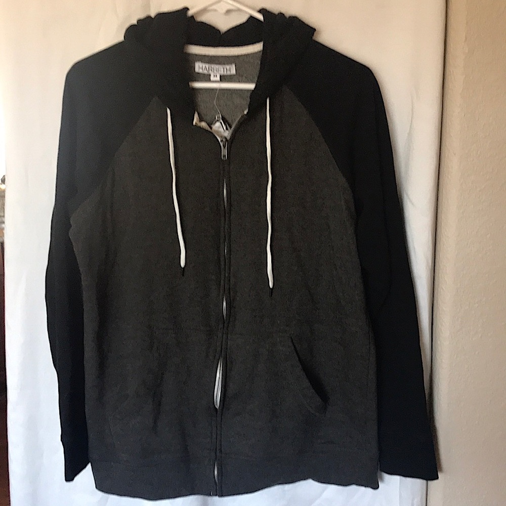 Women’s Harbeth gray and black hooded sweatshirt with zippered front close
